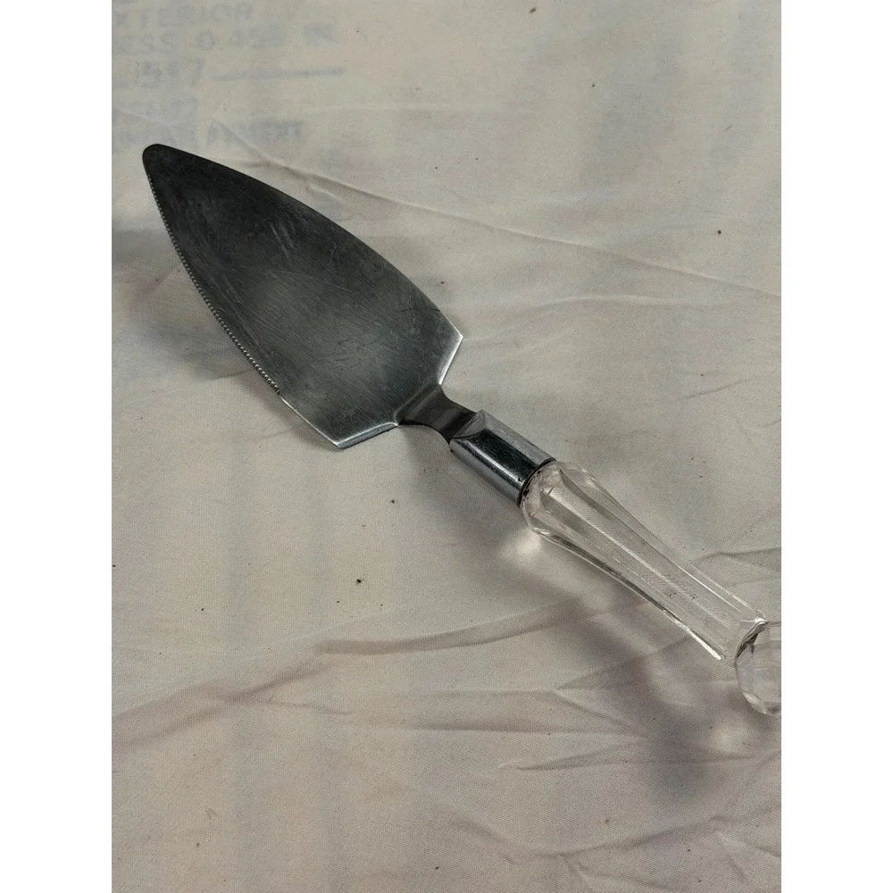 Vintage Stainless Steel Cake Pie Server Serrated Edge Clear Faceted Handle